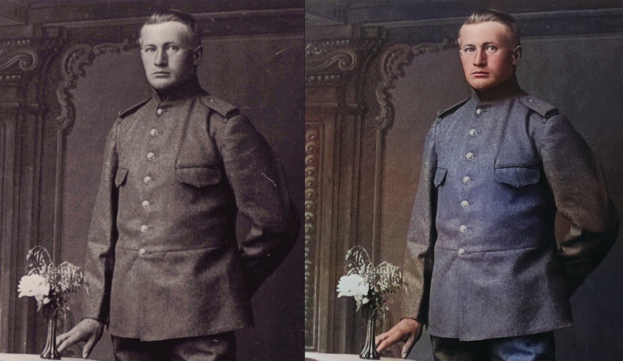 Ingekleurde, verscherpte en gerestaureerde foto van soldaat 2e wereldoorlog